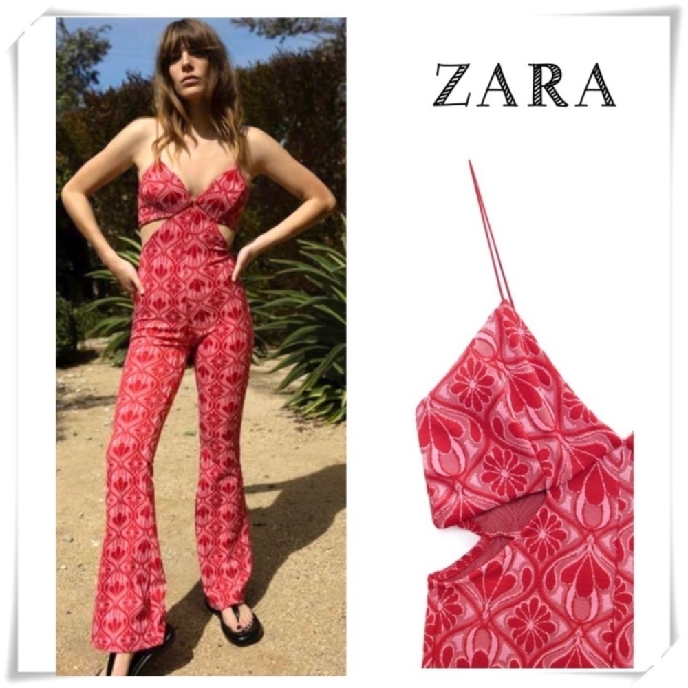 Zara Retro Jacquard Cut Out Flare Leg Bohemian Knitted Jumpsuit Red Size L NWT
